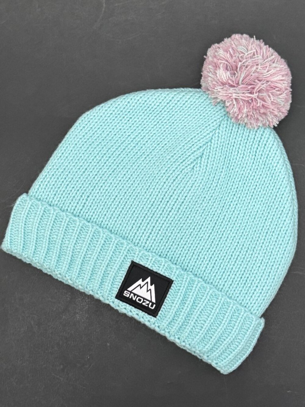 Snozu Blue Bliss Knit Beanie Fleece Lined with Pink Pom